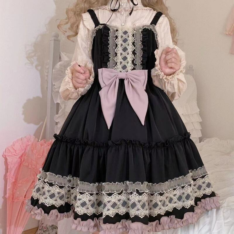 Japanese Gothic Lolita Dress Girls Vintage Dark Ruffles Bow Lolita Jsk Dress Women Harajuku Cool Sleeveless Punk Suspender Dress