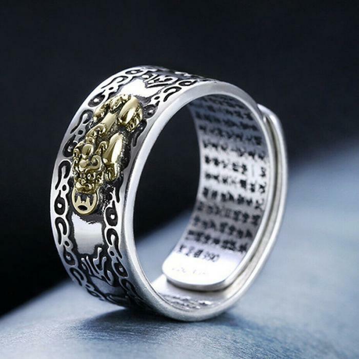 Pixiu-Conjunto de pulsera de anillo con dijes, amuleto chino Feng Shui que trae riqueza y suerte, anillo ajustable abierto, pulseras de cuentas de Buda