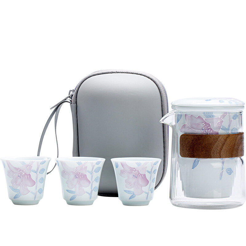 Juego de té de viaje de flores de cerámica pintada a mano, tetera portátil de tres tazas para exteriores, juego de tazas Gungfu teaware, regalo