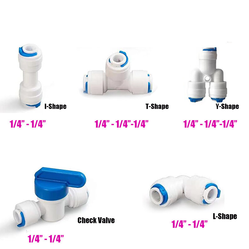Reverse Osmosis Quick Coupling 1/4 Hose Connection Tee Y Connector 2 Way Equal Elbow Straight RO Water Plastic Pipe Fitting