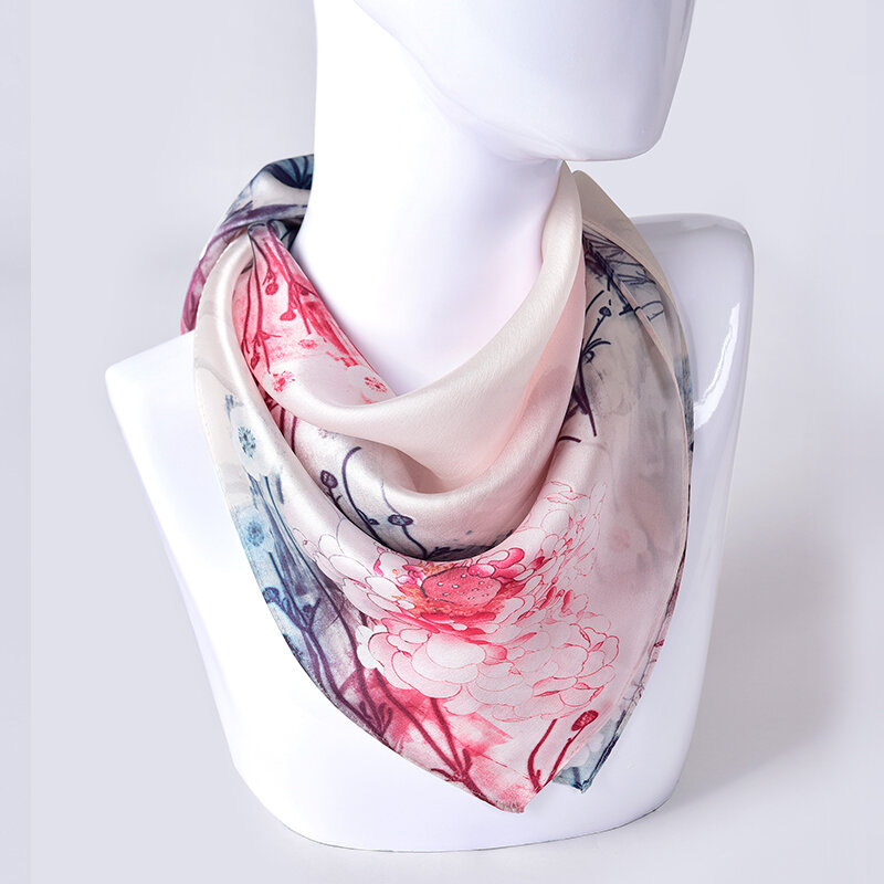 100% чистый шелк, квадратный шарф, Женская бандана, платок, цветочный принт Bufanda, натуральный шелк, маленький шарф, головной платок 65x65 см