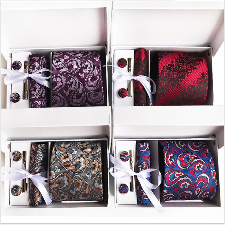 Caja de regalo de 6 piezas, corbata de administración de negocios para hombres, corbata, corbata, pañuelo de bolsillo, puño, correa de corbata, paquete de regalo