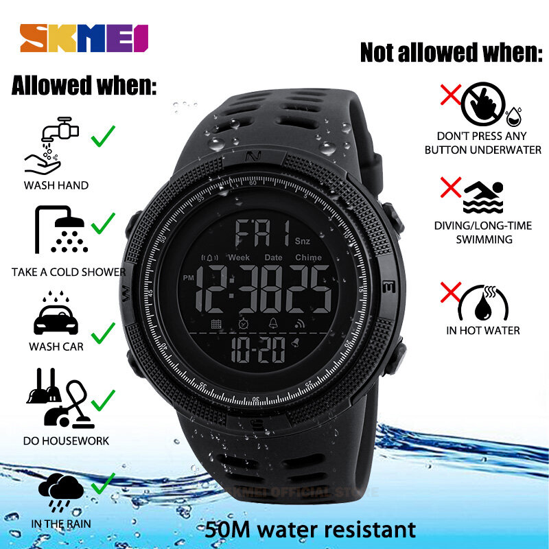 SKMEI moda zegarek sportowy do użytku na zewnątrz mężczyźni zegarki wielofunkcyjne budzik Chrono 5Bar wodoodporny zegarek cyfrowy reloj hombre 1251