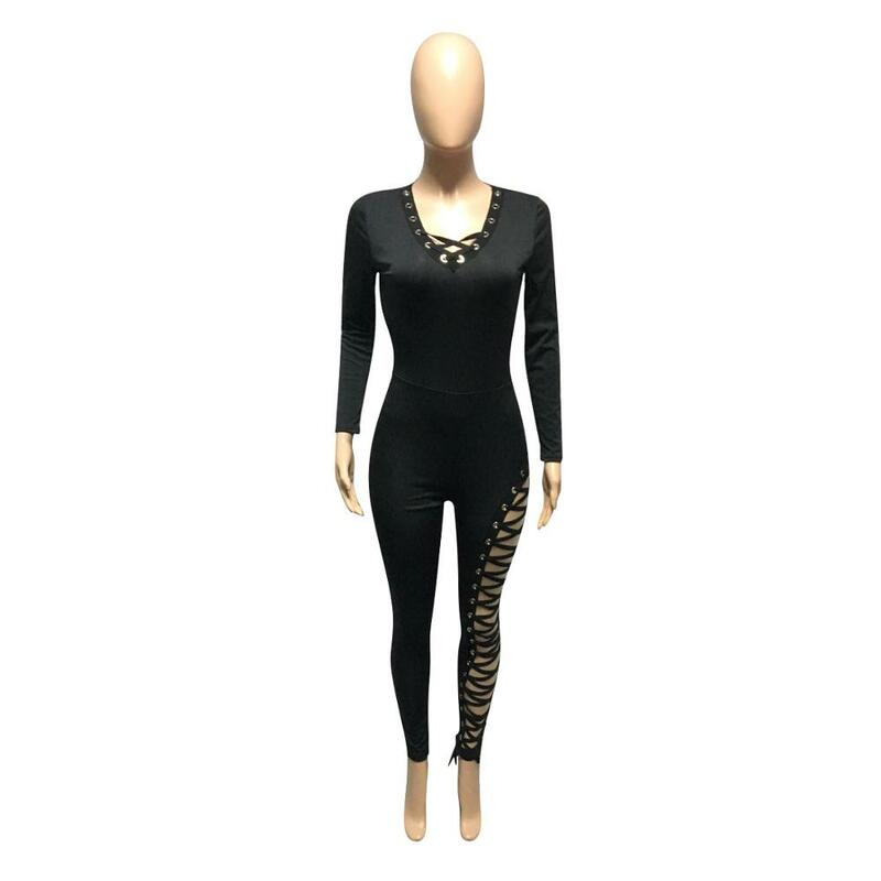 BKLD Women Clothes 2020 Autumn New Sexy Rompers Jumpsuit Women Long Sleeve V-Neck Bandage Hollow Out Bodycon Black Jumpsuits