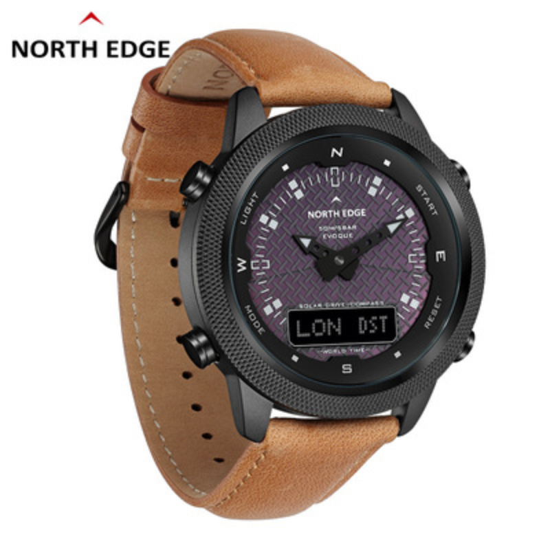 NORTH EDGE Men's Solar Watch Men's Outdoor Sports Watch Full Metal À Prova D 'Água 50M Bússola Contagem Regressiva Cronômetro Relógio Inteligente
