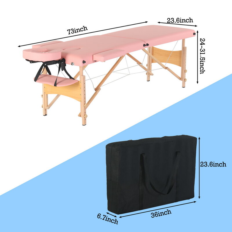 미용 마사지 테이블 침대 접이식 너도밤나무 다리, 높이 조절 가능, 다목적 휴대용, 핑크, 화이트, 2 섹션, 186x60x60cm, 미국 재고 있음
