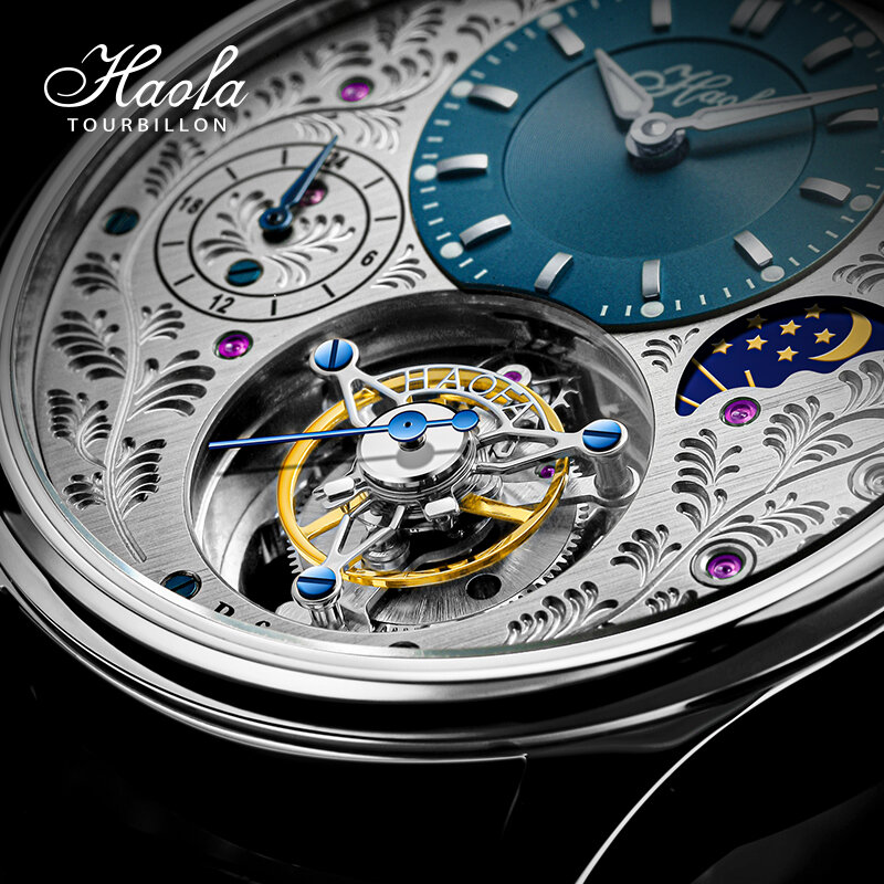 Haofa-Relógios mecânicos para homem, esqueleto manual, GMT, movimento turbilhão, safira rotativa, dia e noite, casual, 1036
