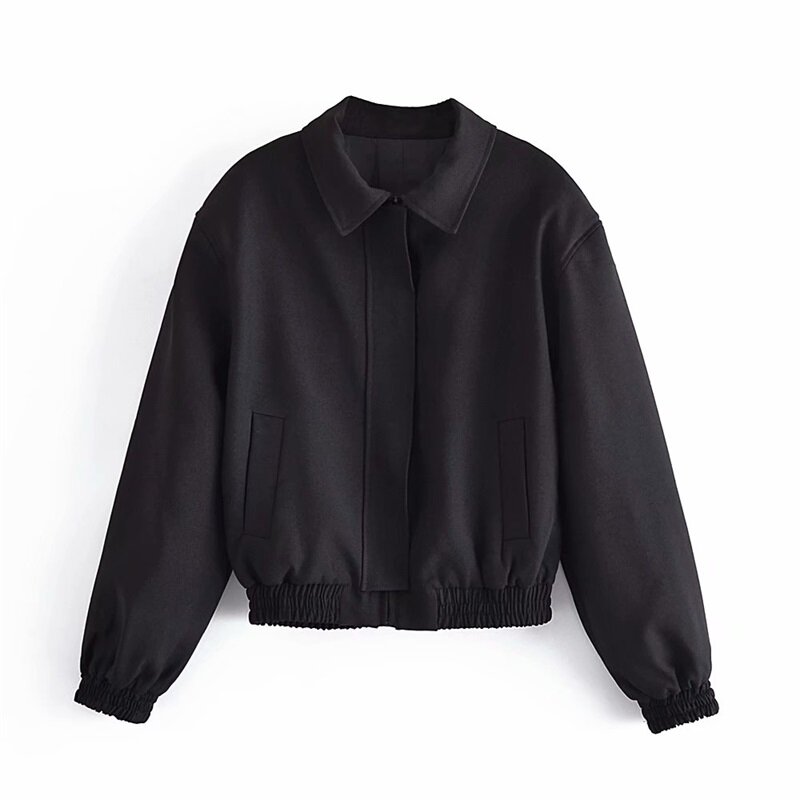 Zxqj feminino 2023 moda cor sólida bolso decorativo curto jaqueta vintage manga comprida casual bombardeiro feminino casaco chique topo