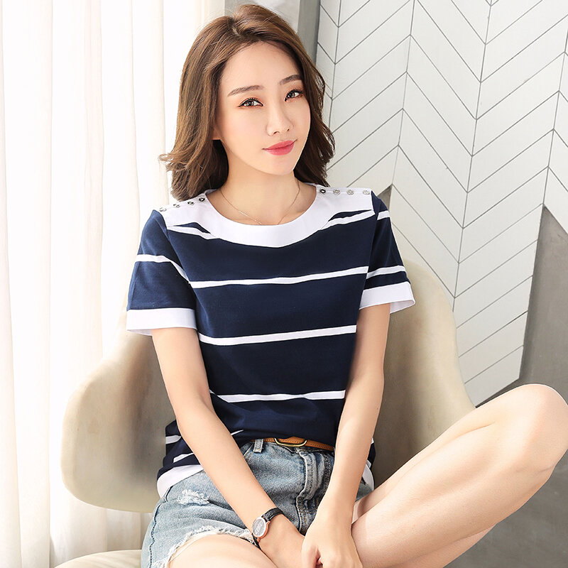 Lady 2023 Summer Blue White Striped Short Sleeve Cotton T-Shirt Women Button O-Neck Elegant Plus Size Tshirt Female Fashion Tops