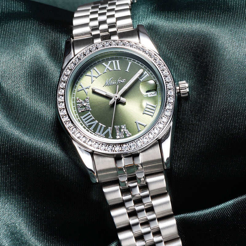 Luxury Brand Women Watches Fashion Ladies Quartz Watch Green Dial Bling Crystal Women Watch Silver Stainless Steel Female Clock