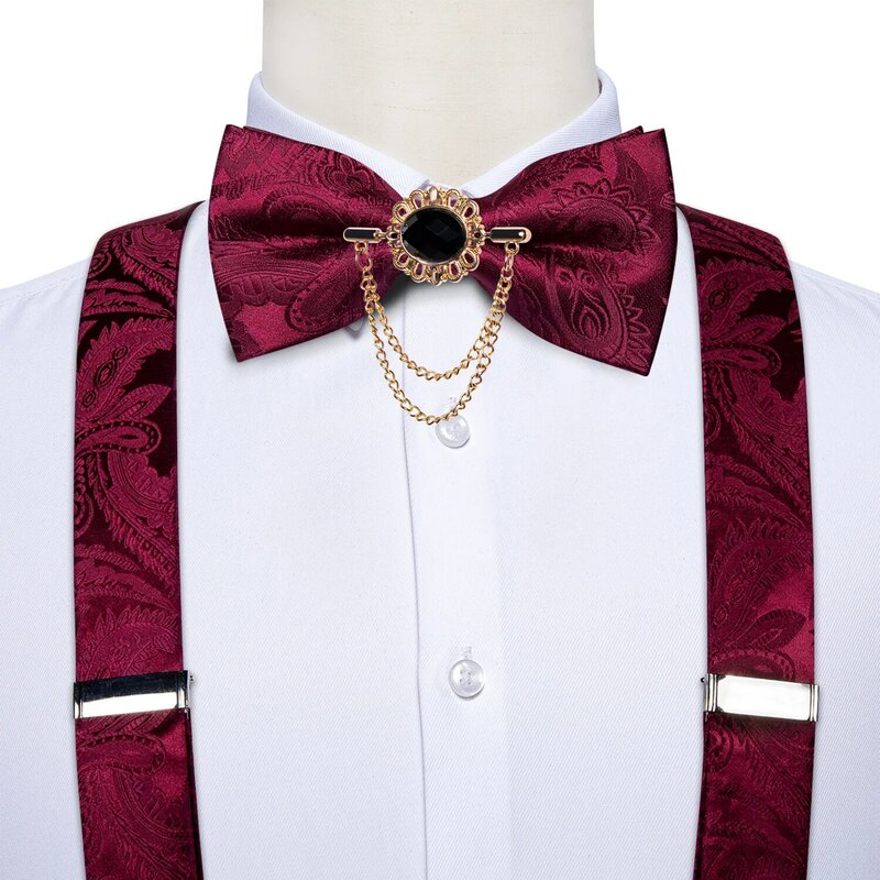 DiBanGu – bretelles en cuir rouge avec nœud papillon, 6 Clips en métal, bretelles réglables, pantalon, accessoires de mariage