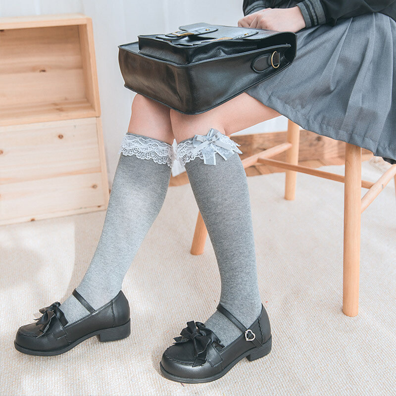 JK Loli-Calcetines de encaje con lazo para mujer y niña, hasta la rodilla, negros y blancos, regalo, calcetines de lazo, accesorios de disfraces de Cosplay