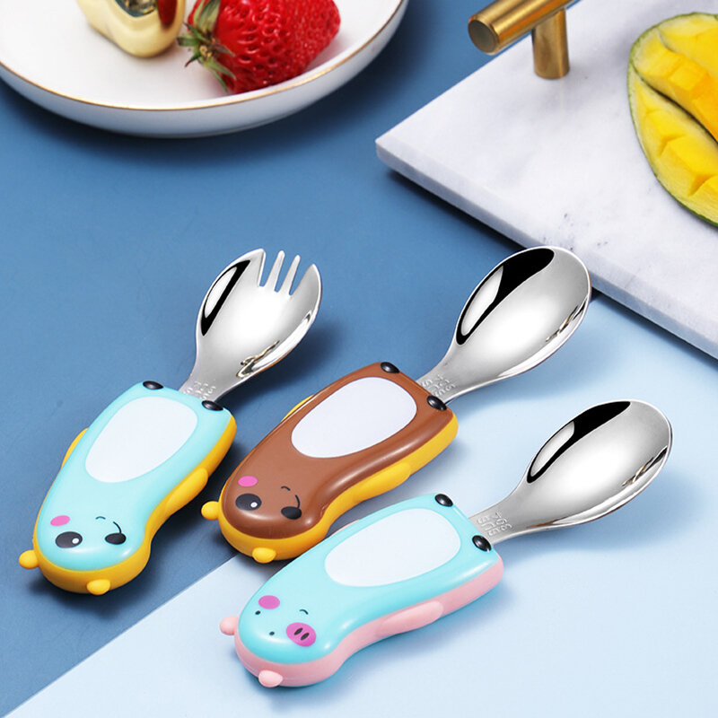 2pcs Infant Feeding Kids Training Spoons Cartoon Pattern Children Tableware with Box Portable Spoon Fork Set 304 Stainless Steel