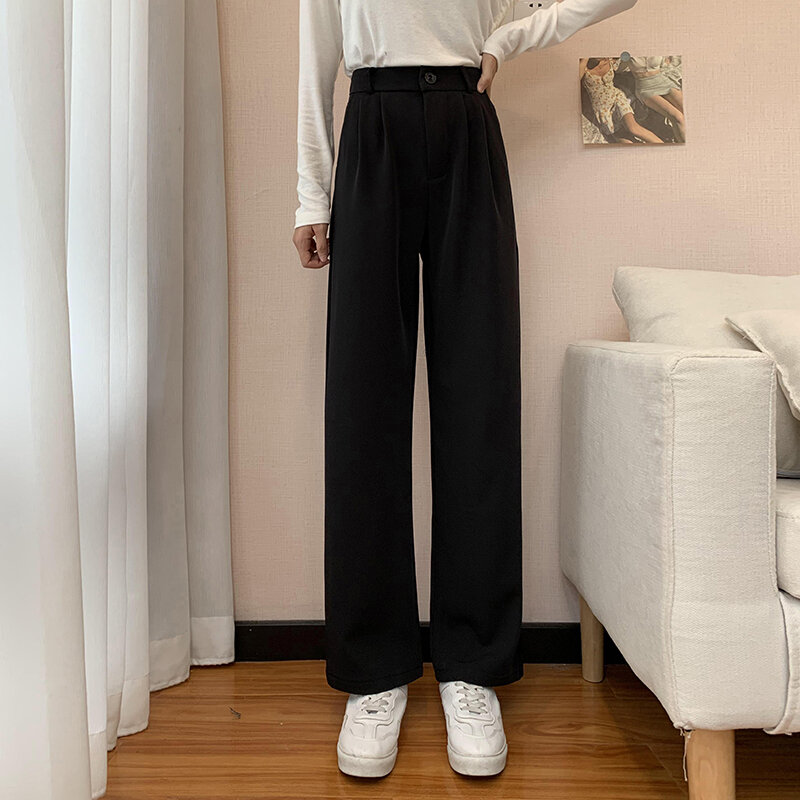 Женские прямые брюки с высокой талией, офисные однотонные простые элегантные брюки с широкими штанинами в Корейском стиле для осени