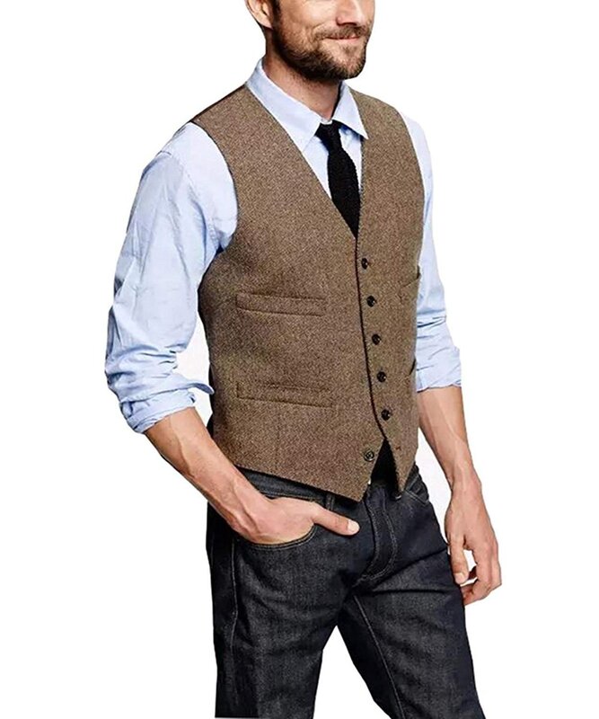 Mens สูทเสื้อขนสัตว์ Herringbone อย่างเป็นทางการเจ้าบ่าวสวมชุดเสื้อกั๊กผู้ชาย Tuxedo Waistcoat Plus ขนาดที่กำหนดเองขนาดเสื้อกั๊ก