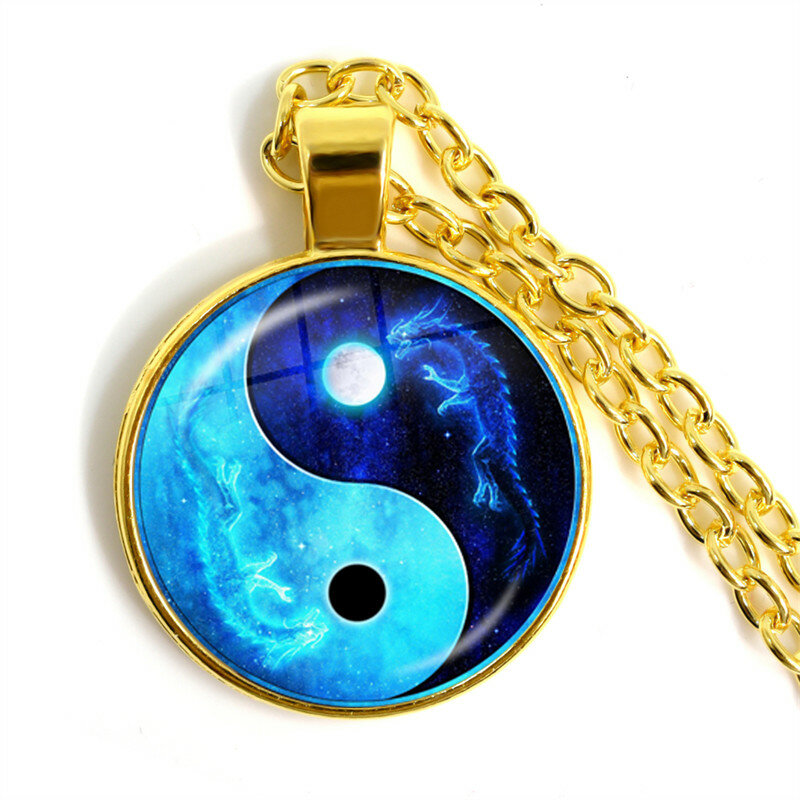 Yin Yang Necklace Tai Chi Unisex Time Stone Cabochon Glass Pendant Chain Dragon Moon Yin Yang Necklaces Jewelry Gift