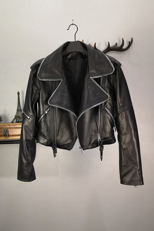 Куртка женская короткая из натуральной овечьей кожи, мотоциклетный пиджак в стиле панк/готика, уличная одежда в байкерском стиле, черная коричневая верхняя одежда
