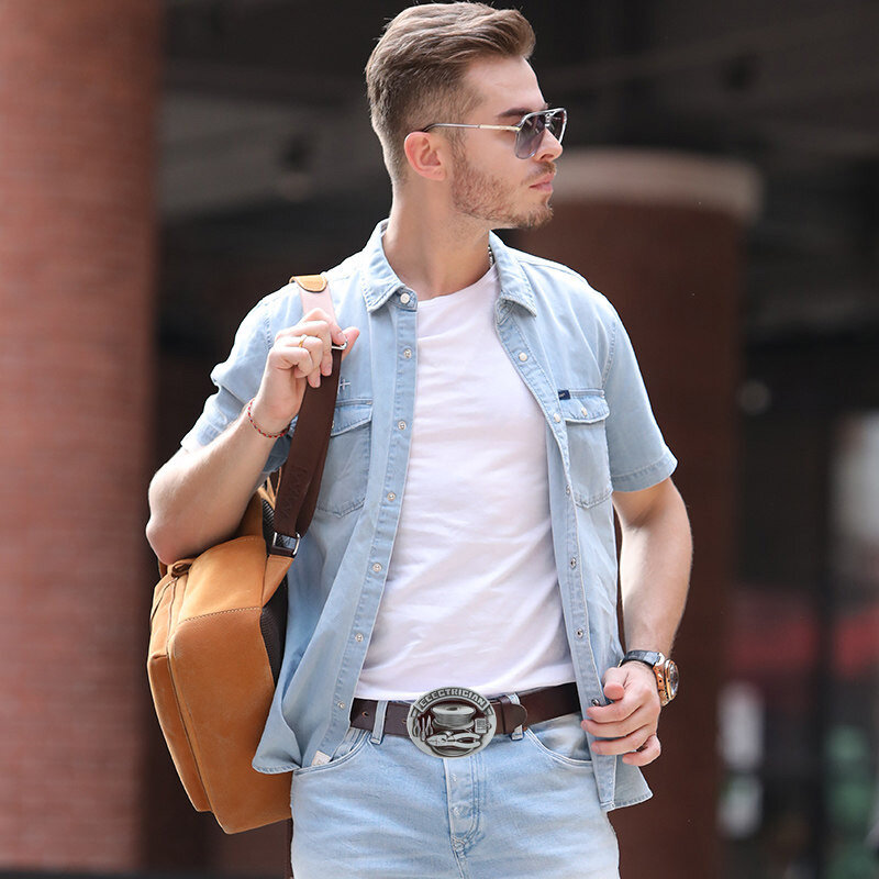Jeans pour hommes, pinces rétro, boucle de ceinture ovale en métal, western denim, avec accessoires