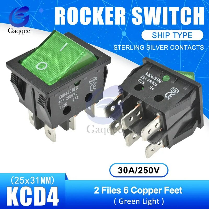 KCD4 2 Files 6 Pins Feets Copper Rocker Switch Power Touch On/off Ship Type Switch with light Silver Contacts 30A/250V 25*31MM