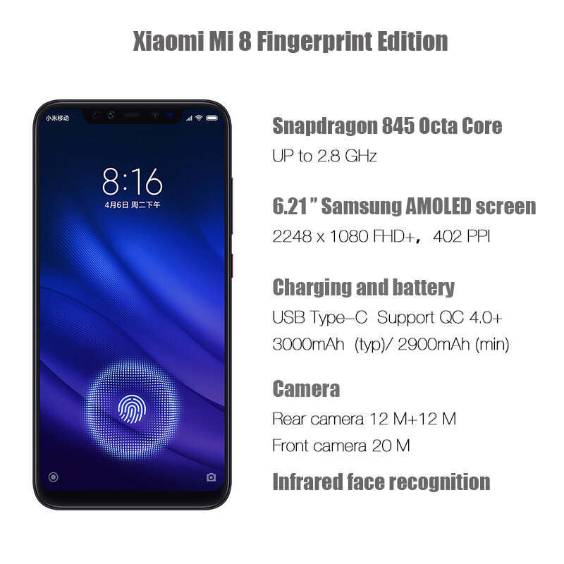 Globale Versione Xiaomi Mi 8 Pro 8GB 128GB di Impronte Digitali Dello Schermo Snapdragon 845 Octa Core 6.21 Smartphone Dual Fotocamera QC4.0 3000mAh
