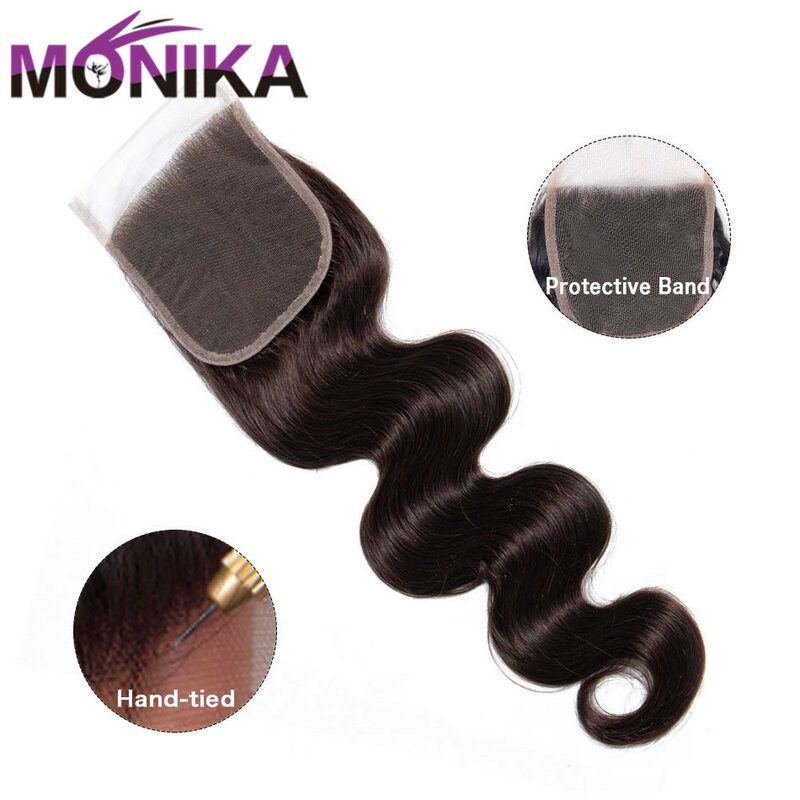 Perruque Lace Closure brésilienne non-remy – Monika, cheveux naturels, Body Wave, brun 2 #4 #4x4, Swiss Lace Closure