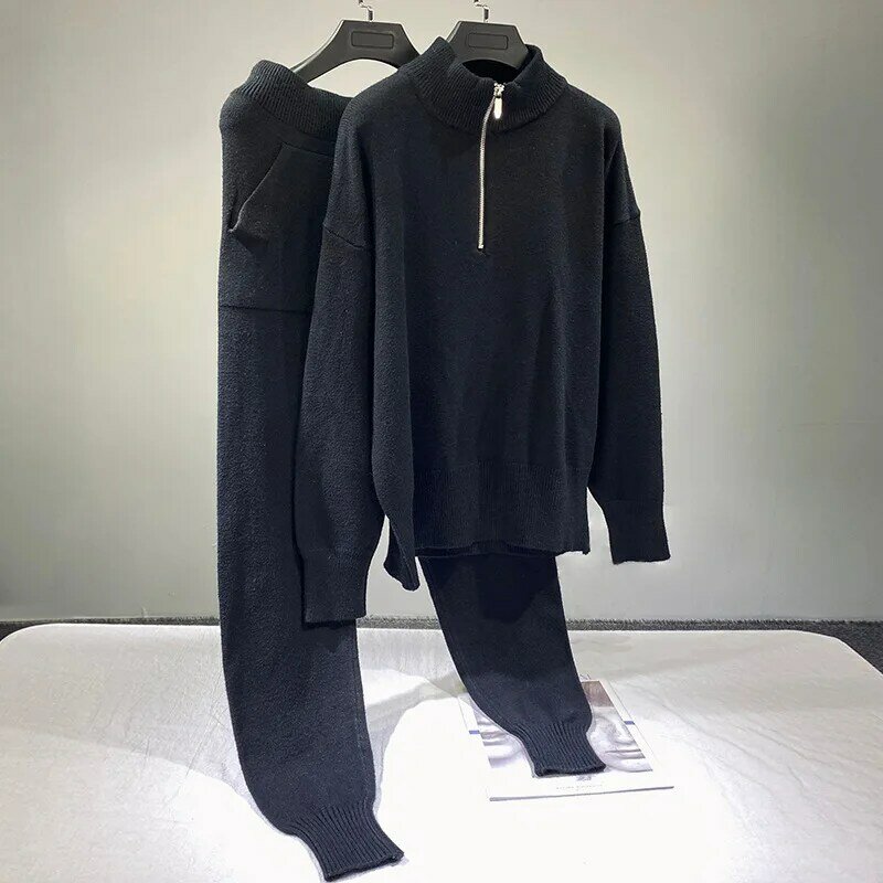Conjunto de duas peças de malha feminino, novo conjunto quente de duas peças de malha com gola alta e suéter com zíper e calças feminino 2021