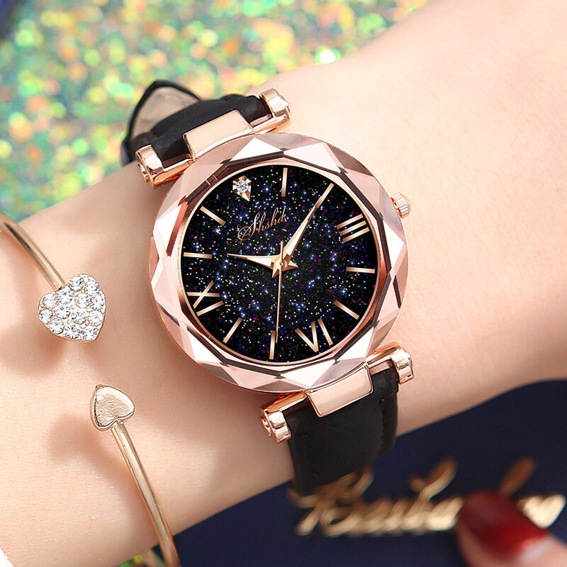 Relógio de pulso feminino com cristais, relógio de quartzo com pulseira de couro, estilo céu estrelado, casual e da moda