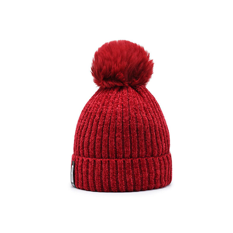 Gorros gruesos de punto para mujer, gorros de bola de chenilla, gorros más cálidos forrados de lana, gorro informal, Otoño e Invierno