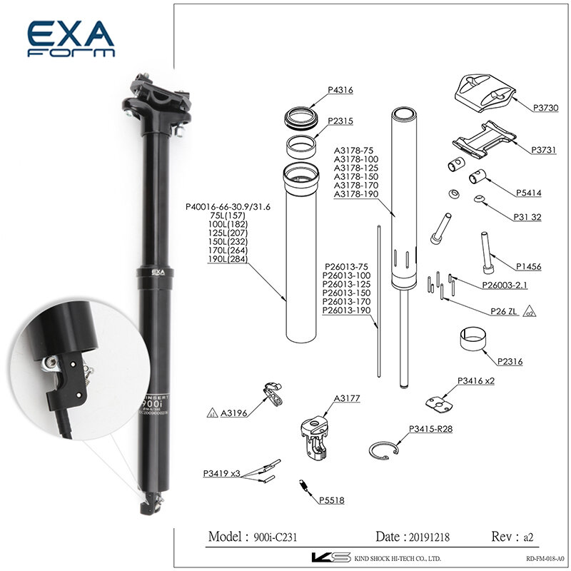 Kindshock KS EXA 900i 드로퍼 시트포스트, 산악 자전거 와이어 컨트롤 리프트 시트 튜브, 내부 라우팅 시트 포스트, 30.9mm, 31.6mm x 395mm