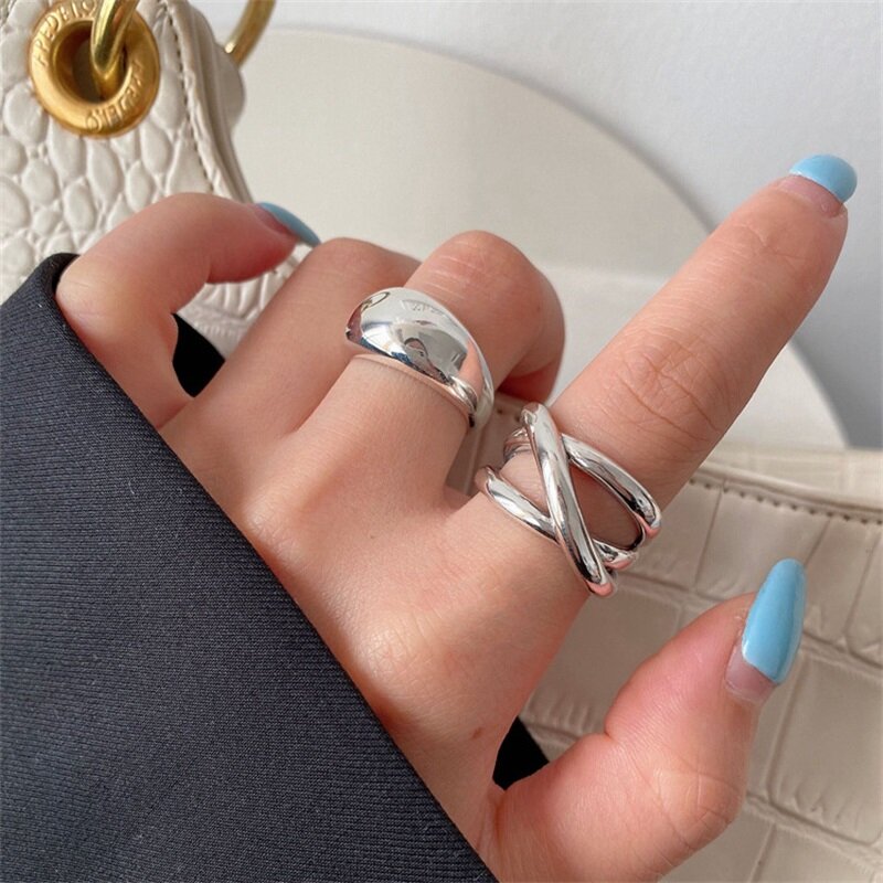 VENTFILLE 925 Sterling Silver Irregular Water Droplets Cross Ring Female Simple Retro Style Handmade Jewelry