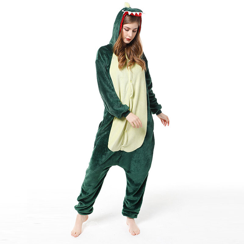 Groene Dinosaurus Volwassenen Pyjama Winter Vrouwen Flanel Nachtkleding Unisex Leuke Cartoon Animal Pajama Set Kids Hooded Pyjama Nachtkleding