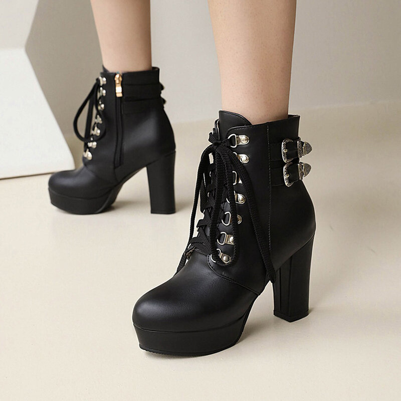 Women Platform Ankle Boots Ladies Lace Up Booties Fashion High Heels Shoes Autumn Round Toe Buckle Thick Chunky Heel Boot