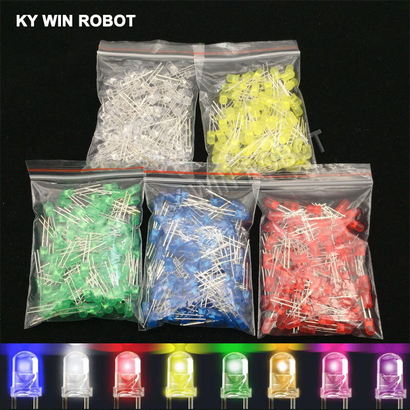 Kit surtido de diodos LED de 5mm, Kit de 5mm, blanco, verde, rojo, azul, amarillo, naranja, rosa, morado, Blanco cálido, 100 unidades