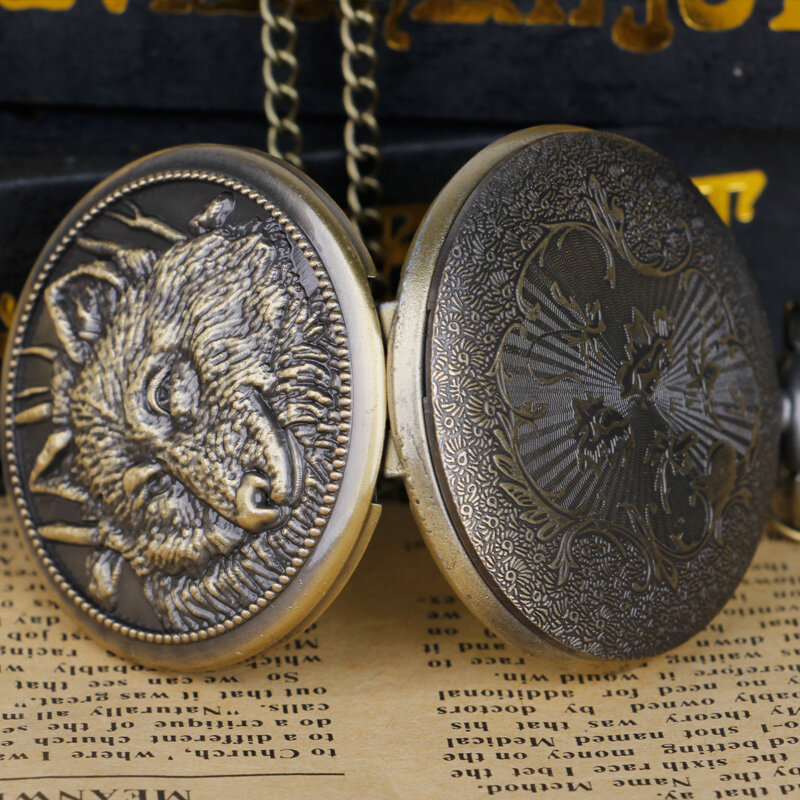 Reloj de bolsillo de cuarzo con patrón de cabeza de lobo para hombres y mujeres, collar de cadena Fob, esfera blanca, Animal de bronce antiguo