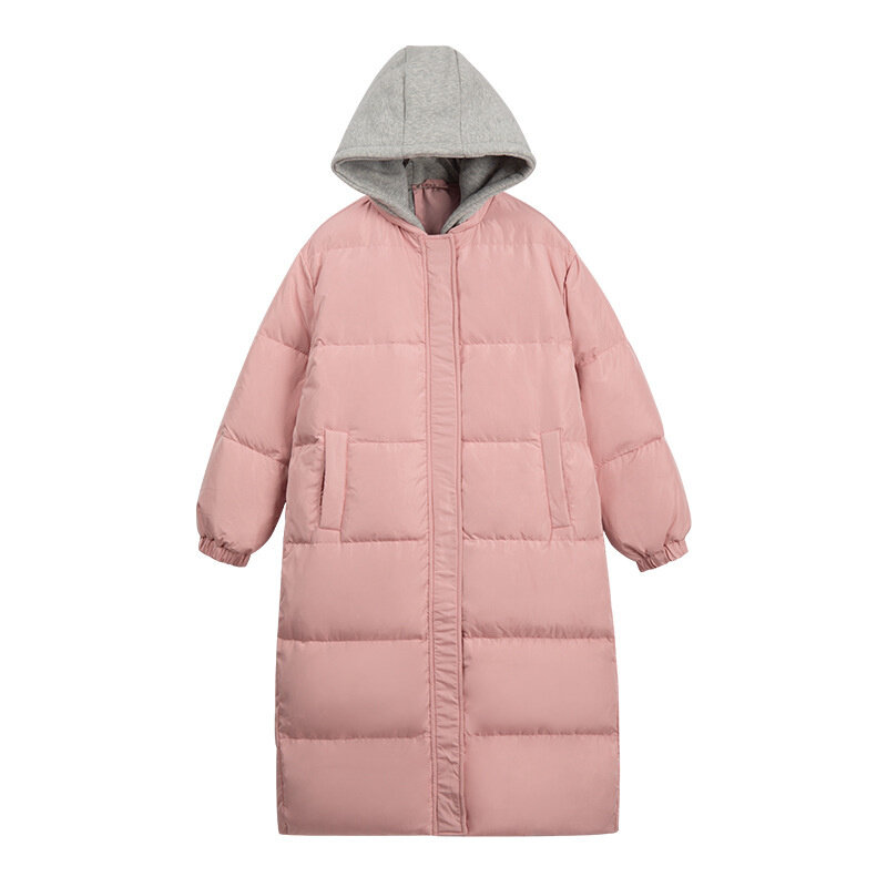 女性のための偽のツーピースフード付きジャケット,新しい,冬,白いダックダウンコート,厚い,暖かい長いパンのコート,2022