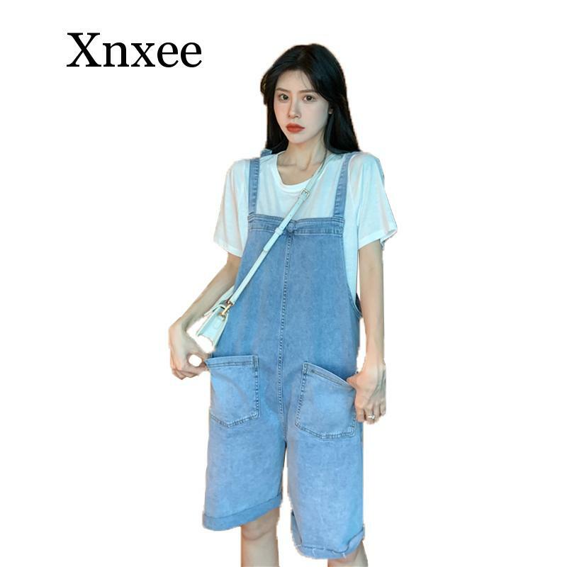 Summer Women Loose Light Color Pocket Denim Pants Korean High Waist Wide Leg Jeans Roll Up Strap Shorts Jumpsuits