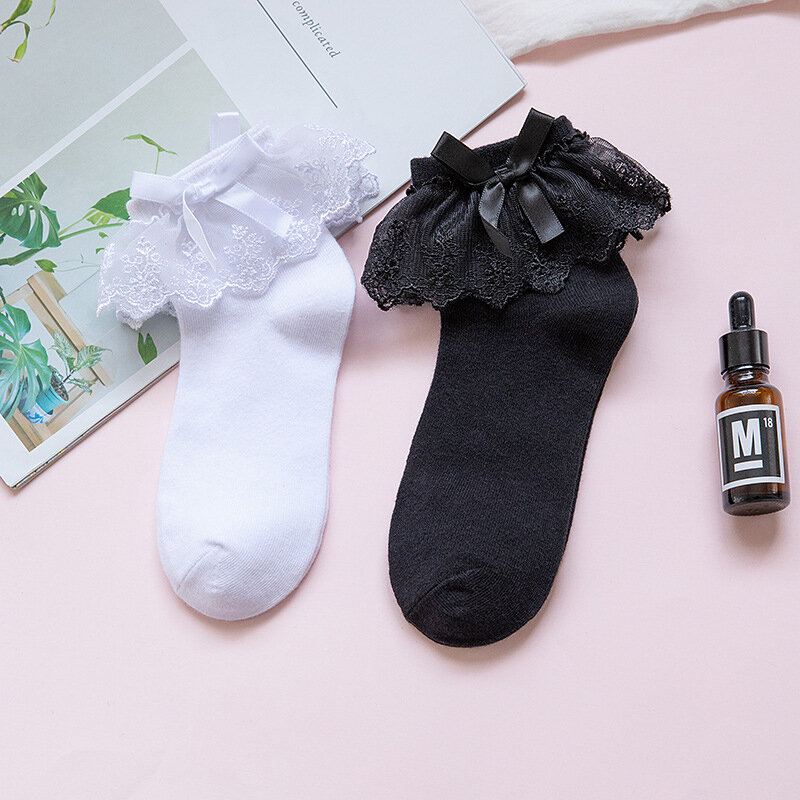 Японские Аниме Косплей черные белые хлопковые Повседневные носки Лолита принцесса короткие носки для девочек кружевной с бантом цветочный женский