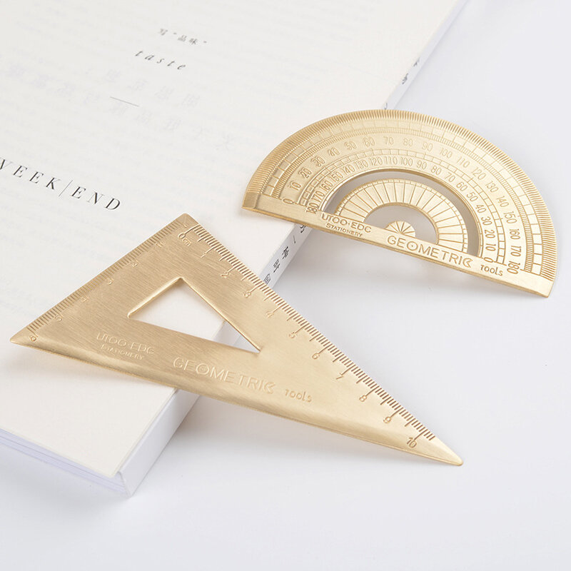 Vintage Brass Geomitric Ruler Golden Retro Semicircle Protractor Triangle Ruler Protractor School Kids Gift Set Measure Tools