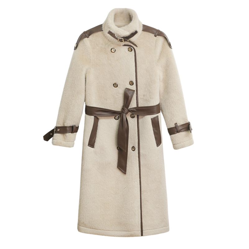 Женское длинное теплое пальто с поясом, Повседневная Свободная куртка из искусственного меха, двубортное пальто в Корейском стиле, зима 2023