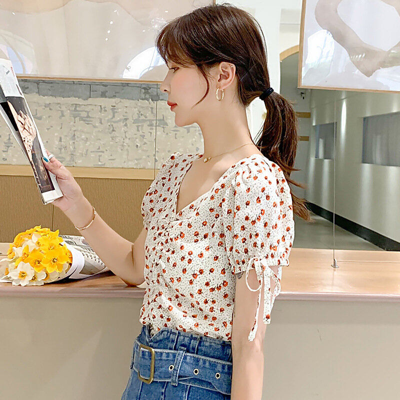 女性のファッション2020夏トップス韓国vネック巾着パフスリーブ花柄シフォン女性シャツブラウスblusenダーメン