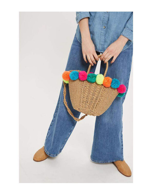 Bolso de mano tejido de paja con bola de colores para mujer, bandolera de un hombro para vacaciones en la playa, Verano