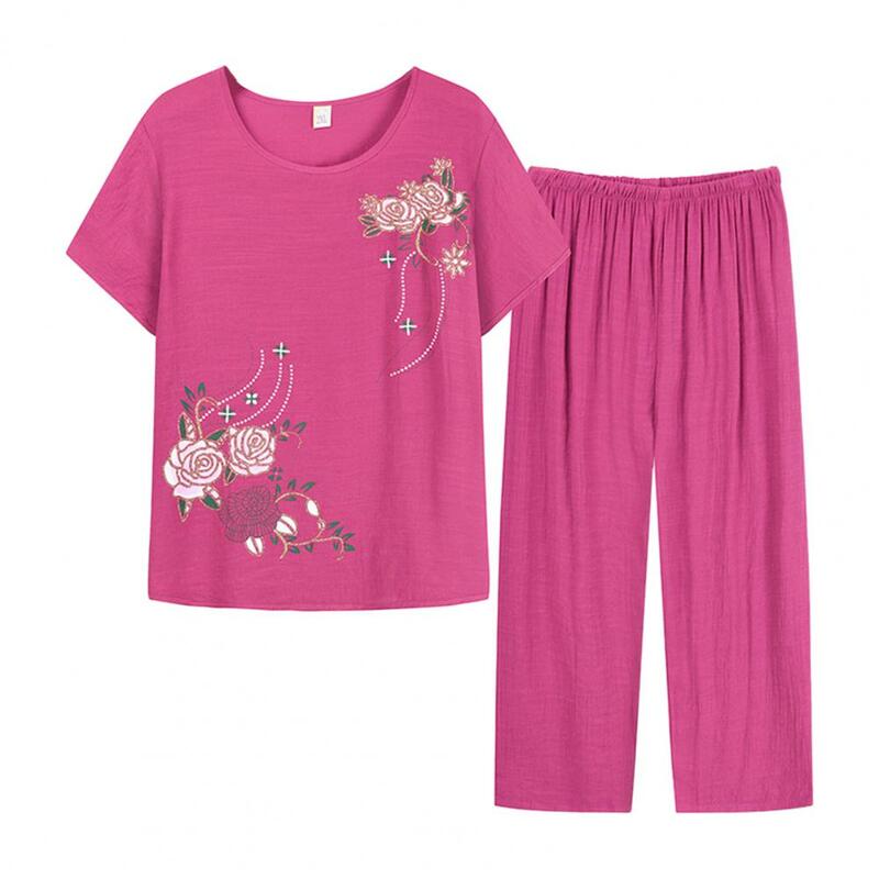 Летние костюмы для женщин среднего и пожилого возраста, хлопковая льняная футболка с коротким рукавом, топ и широкие брюки, комплект из двух предметов, Женская домашняя одежда