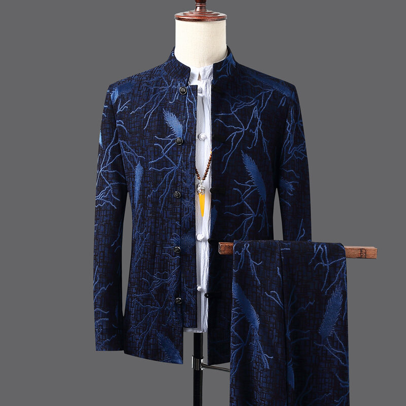 (jacket+ trousers)2023 autumn Chinese style men jackets print suits men's casual fashion jacket and trousers men full size M-5XL
