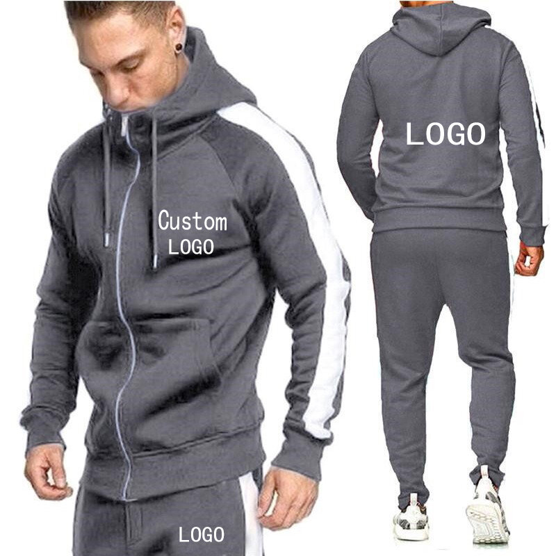 Logotipo personalizado homens zip hoodies + joggers calças 2 peça conjunto de treino correndo jogging esportes wear com capuz roupas de inverno