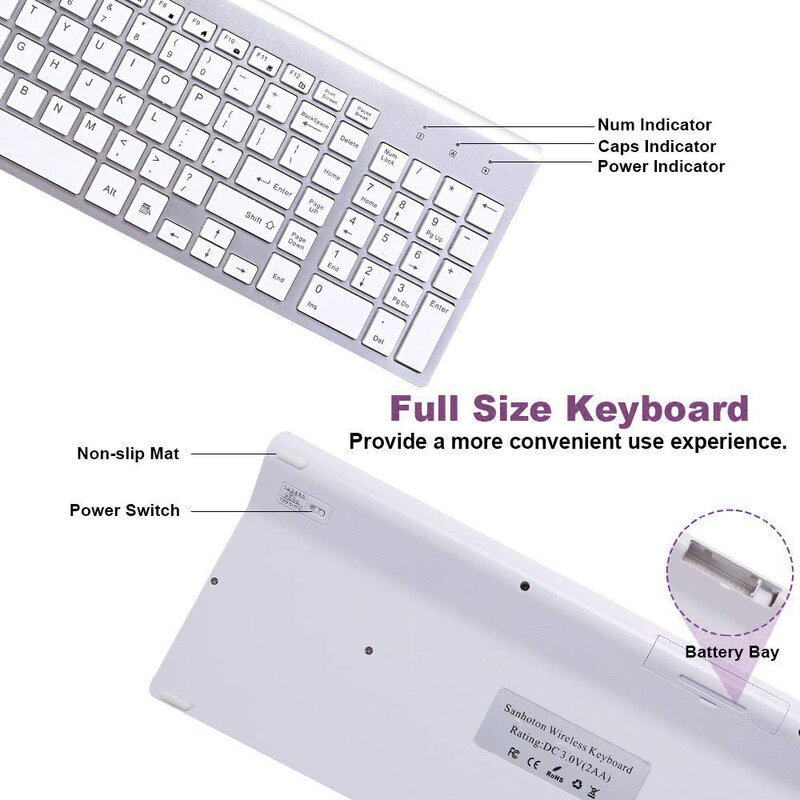 FITONES2.4 GHz combinação de teclado e mouse sem fio, ultra fino, portátil, PC, MAC, Android, Tablet, tecla silenciosa