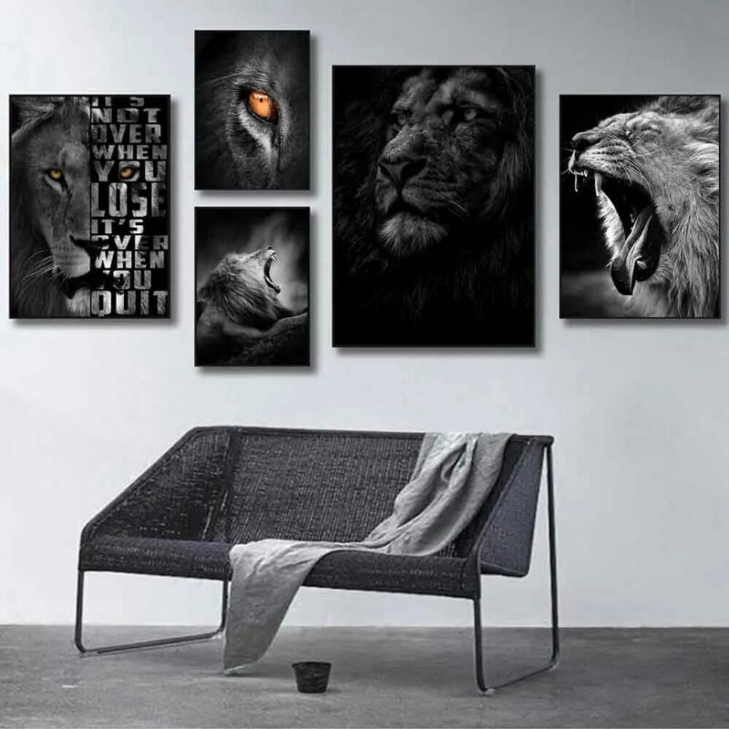 Pintura en lienzo de animales de Arte Moderno nórdico, póster de león blanco y negro, pintura de pared de oficina, sala de estar, decoración del hogar, mural