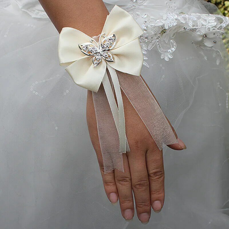 Wifelai-um laço de marfim com pérolas para damas de honra, seda mão flores, casamento corsages, noiva pulso flores, fita