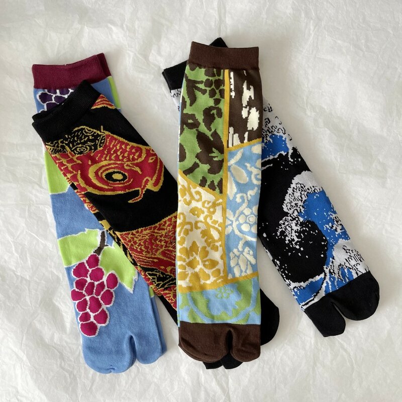 Разноцветные женские носки из чесаного хлопка с рисунком, с двумя носками, с изображением винограда, волн, карпа, в японском стиле Харадзюку, Забавные милые сандалии, носки в стиле таби, Sokken