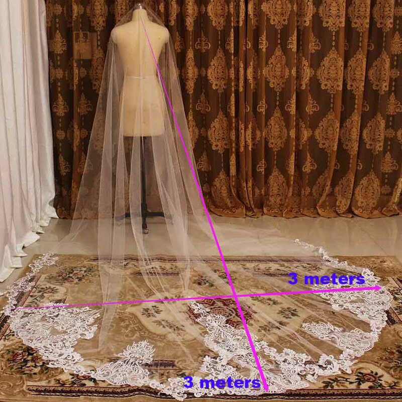 Luxury Lace Wedding Veil ยาว 3 เมตรผ้าคลุมหน้าเจ้าสาวด้วยหวี One งาช้างผ้าคลุมหน้าเจ้าสาวแต่งงานอุปกรณ์เสริม