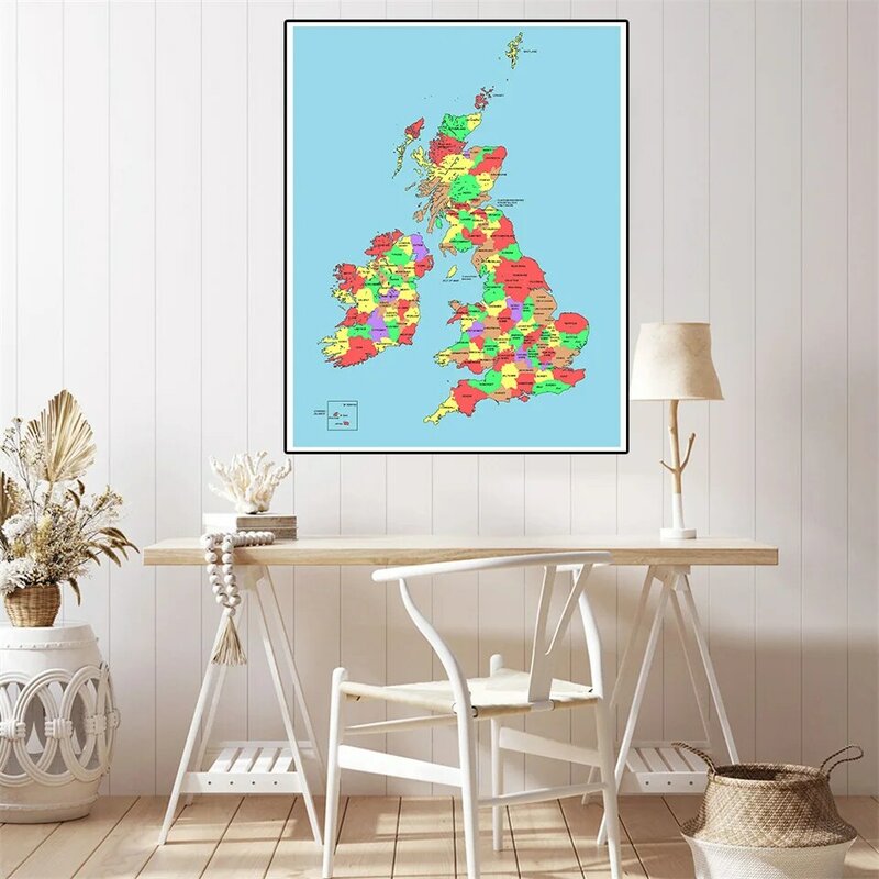 59*84Cm Peta Politik Inggris Poster Seni Dinding Lukisan Kanvas Ramah Lingkungan Ruang Keluarga Dekorasi Rumah Perlengkapan Sekolah Perjalanan